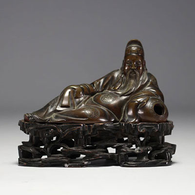 China - Li Bai Qing, bronze statue on openwork wooden base, Qing period.