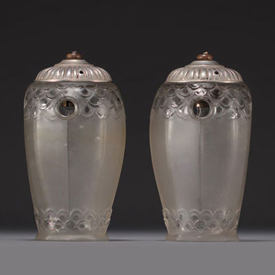 Geosyl Paris France - Pair of sandblasted glass perfume burner nightlights, signed.