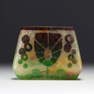 Le Verre Français - Acid-etched multi-layered glass vase with geometric floral motif, unsigned.