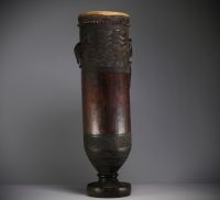 Africa DRC - Ceremonial Kuba drum in carved wood and skin.