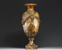 Imposing marble and ormolu urn with ram heads and garlands of flowers, 19th century.