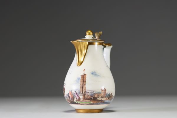 Meissen - Soft paste polychrome porcelain hot milk jug, painted port decoration, crossed swords mark, 18th century.