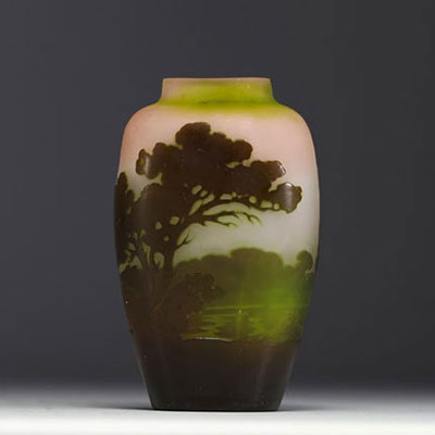Émile GALLÉ (1846-1904) Acid-etched multi-layered glass vase with lake décor, signed.