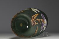 MONTJOYE Verrerie de Saint-Denis - Imposing acid-etched frosted glass vase with enamelled iris decoration, Montjoye mark under the piece.