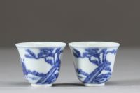 Chine – Paire de petites coupes en porcelaine blanc bleu à décor de lettrés à cheval sous les pins, marque apocryphe de Kangxi  Paire de coupes évasées en porcelaine à décor en bleu sous couv