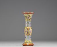 China - Gu vase in polychrome porcelain with floral decoration, blue mark under the piece.