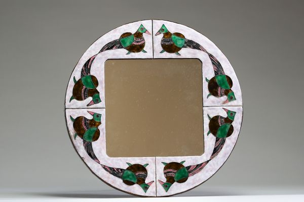 Miroir vintage en émail sur cuivre, Finlande, Scandinavie, vers 1960.
