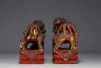 China - Pair of gilded and polychromed carved stone Fô dogs, 18th century.