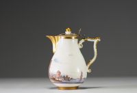 Meissen - Soft paste polychrome porcelain hot milk jug, painted port decoration, crossed swords mark, 18th century.