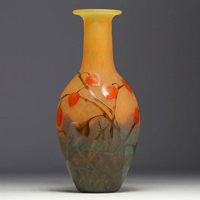 DAUM Nancy - Rare multi-layered acid-etched glass vase with engraved and enamelled Physalis design, signed.