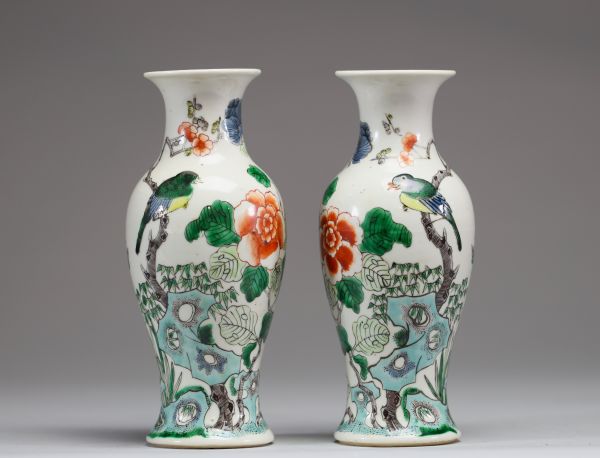 Chine - Paire de vases en porcelaine polychrome famille verte à décor d'oiseaux et de papillons, XIXème.