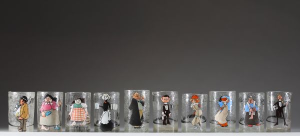 LLudwig Holwein (1874-1949) - Exceptionnel lot de 10 verres à décor peint et émaillé, représentant des personnages de tavernes dans le style Art Nouveau et de tendances expressionnistes munichoises.