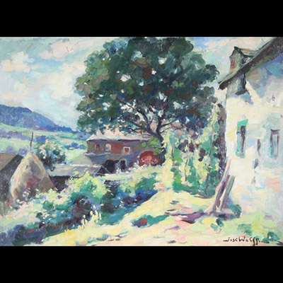 José Wolff (1902-1980) Grande huile sur toile – École liégeoise – Paysage de maisons  Huile sur toile signée en bas à droite par José Wolff (1902-1980), artiste belge reconnu de l’école liégeoise. Cette composition lumineuse représente un paysage rural animé de maisons traditionnelles, baignant sous un large arbre, avec une belle profondeur de champ et une palette vibrante.