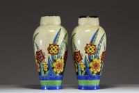 Boch Keramis - Pair of Art Deco glazed ceramic vases with floral and geometric decoration, stamped under the pieces, circa 1930.