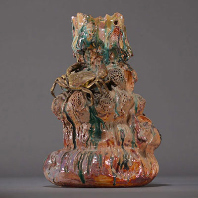 Glazed ceramic vase topped with a bronze crab, circa 1900.