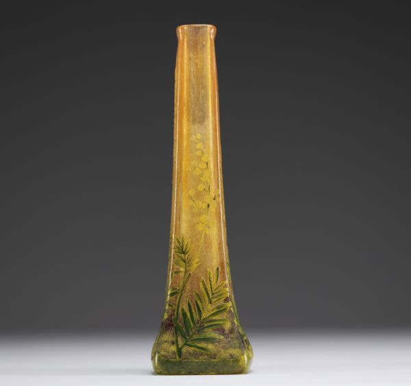 DAUM Nancy - Vase soliflore in acid-etched powder-coated glass with enamelled mimosa decoration, signed.