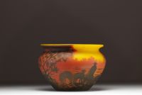 MULLER Frères Lunéville - Acid-etched multi-layered glass bowl with shepherd and sheep design, signed.