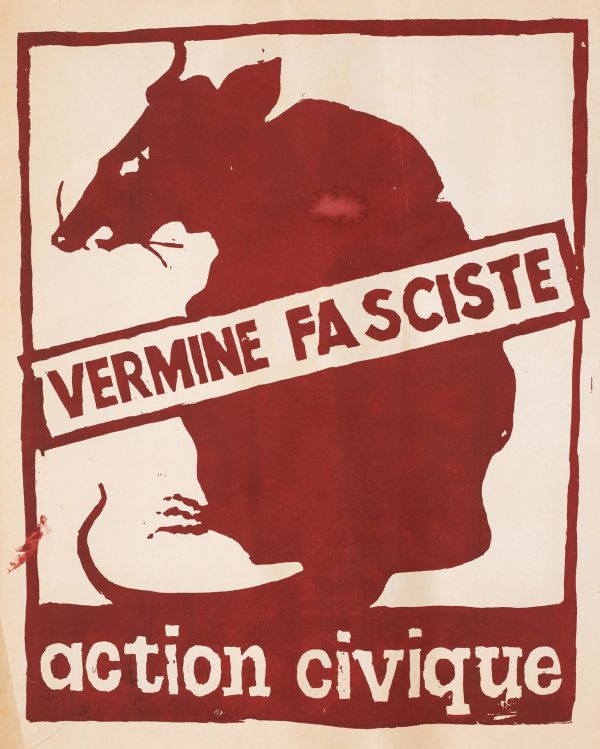 Mai 68 – Vermine fasciste, action civique  Affiche originale réalisée en sérigraphie couleur brun-rouge. École Nle Supérieure des Beaux-Arts, toute sa marge non coupée, traces de plis, sujet intact. Non entoilée  85X61 cm