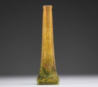 DAUM Nancy - Vase soliflore in acid-etched powder-coated glass with enamelled mimosa decoration, signed.