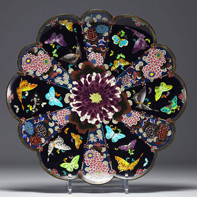 Japan - Cloisonné enamel dish decorated with flowers and butterflies on a black background, Meiji.
