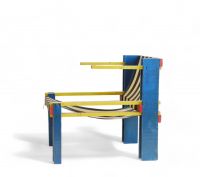 Belgian modernist work, Art Deco armchair in primary colours, in painted and screwed fir wood.