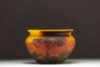 MULLER Frères Lunéville - Acid-etched multi-layered glass bowl with shepherd and sheep design, signed.
