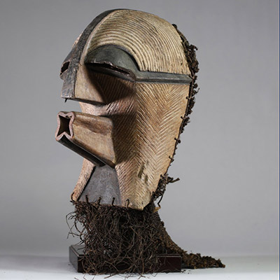 Très beau masque Songye Kifwebe avec sa coiffe d’origine . Rd Congo. Bois et fibres. Morphologie typique des masques Kifwebe : visage allongé avec striures régulières en chevrons couvrant l’ensemble de la surface faciale, nez proéminent en arête verticale, yeux mi-clos formant des fentes horizontales sombres, bouche tubulaire sculptée en forme d’étoile percée. La partie inférieure triangulaire est