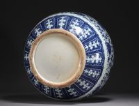 China - Large Hu-shaped vase in blue-white porcelain with floral decoration and bamboo handles, 19th century
