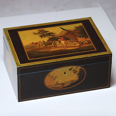 Magnifique coffret de voyage en bois de Spa, publié  dans le catalogue de l'exposition au Musée de la vie Wallonne (1967-1968).