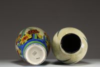 Boch Keramis - Pair of Art Deco glazed ceramic vases with floral and geometric decoration, stamped under the pieces, circa 1930.