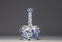 China - White-blue porcelain crocus vase decorated with Fô dogs, Kangxi mark under the piece.