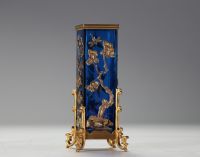 Maison Alphonse GIROUX - Blue glass and bronze japanese vase richly decorated with bronze and silver flowers and insects, signed.