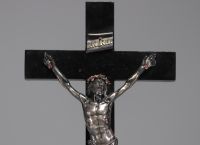 Christ on the Cross in solid silver, gold and rubies, Pontifical hallmark, Rome, late 17th century.