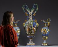 Very important set of three Urbino majolica pieces from the 19th century.