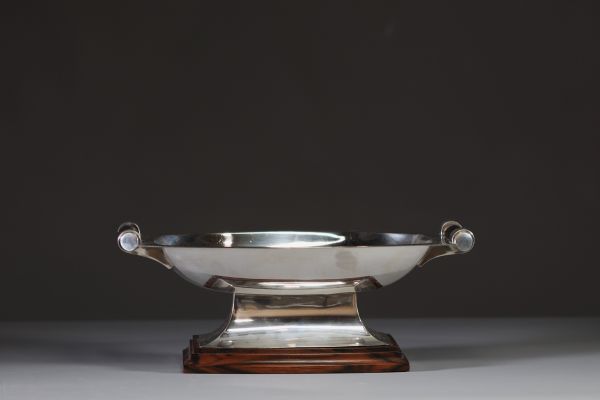 Victor SAGLIER (1809-1894) SAGLIER & Frères - Milieu de table, coupe Art Déco en métal argenté et bois noble, poinçon d'orfèvre.