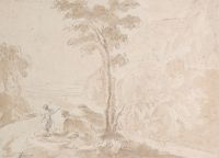 École italienne, ensemble de trois dessins à la plume et lavis, scènes à l'antique et paysage, d'époque XVIIIème.