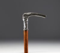 Cravache à motif Art Nouveau de visage de femme en argent massif, poinçon 800, Suisse.