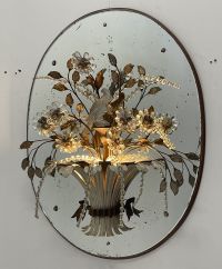 Maison Bagues - Rare pair of large sconces forming baskets of flowers in metal and glass topped with moulded glass parrots.