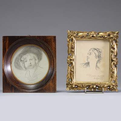 Paire de miniatures, portraits au crayon sur papier.