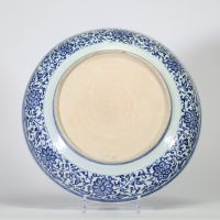 Grand plat en porcelaine de Chine bleu et blanc à décor d’un panier fleuri dans un médaillon central, entouré d’une large frise florale, probablement dynastie Qing, XVIIIe siècle.