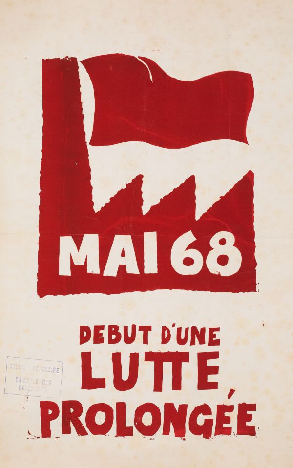 Mai 68 – Mai 68. Début d’une lutte prolongée  Affiche originale réalisée en sérigraphie couleur rouge. Cachet Atelier populaire ex-École des Beaux-Arts, toute sa marge non coupée, traces de plis, taches d’humidités, sujet intact. Non entoilée  76,5X47,8 cm
