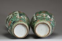 Chine - Paire de vases en porcelaine polychrome famille verte à décor d'oiseaux en cartouches sur un fond fleuri, XIXème.