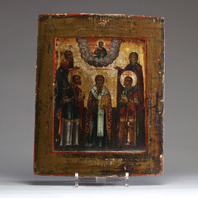 Russie - Icône aux Cinq Saints, tempera et or sur panneau de bois, XIXème.