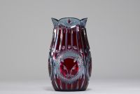 Val Saint Lambert - Rare Art Deco vase decorated with a cat's head in red with blue lining.