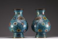 China - Pair of bronze vases in cloisonné enamel with lotus and foliage decoration, handles with taotie heads, Ming period.