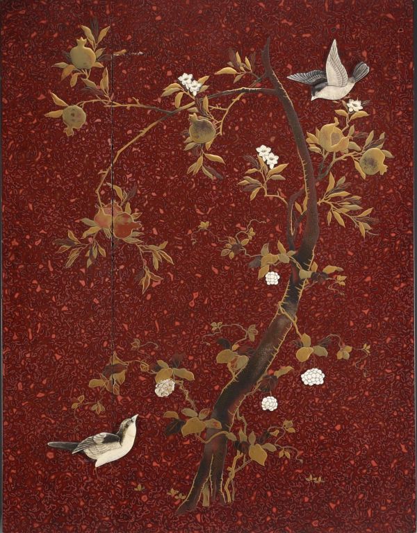 Japon - Plaque en laque à décor d'oiseaux, époque Meiji.