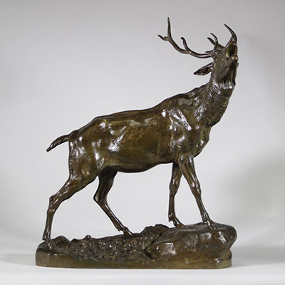 Charles Valton (1851-1918) – Importante sculpture animalière en bronze : Le Brâme du cerf
