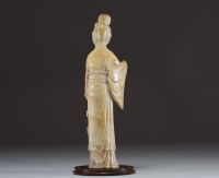 China - Guanyin, ivory sculpture on an exotic wood base, Ming period.