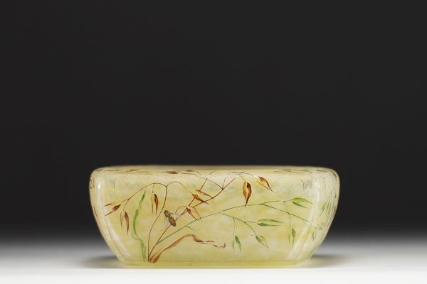 DAUM Nancy - Acid-etched glass bowl with enameled floral and bee decoration, signed.