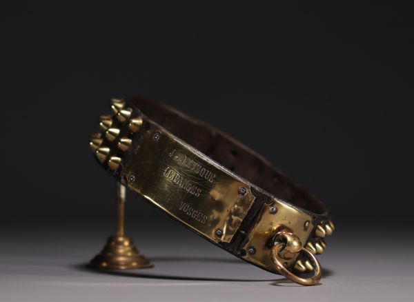 Rare collier de chien en cuir, clous et plaquette nominative en laiton, XIXème.